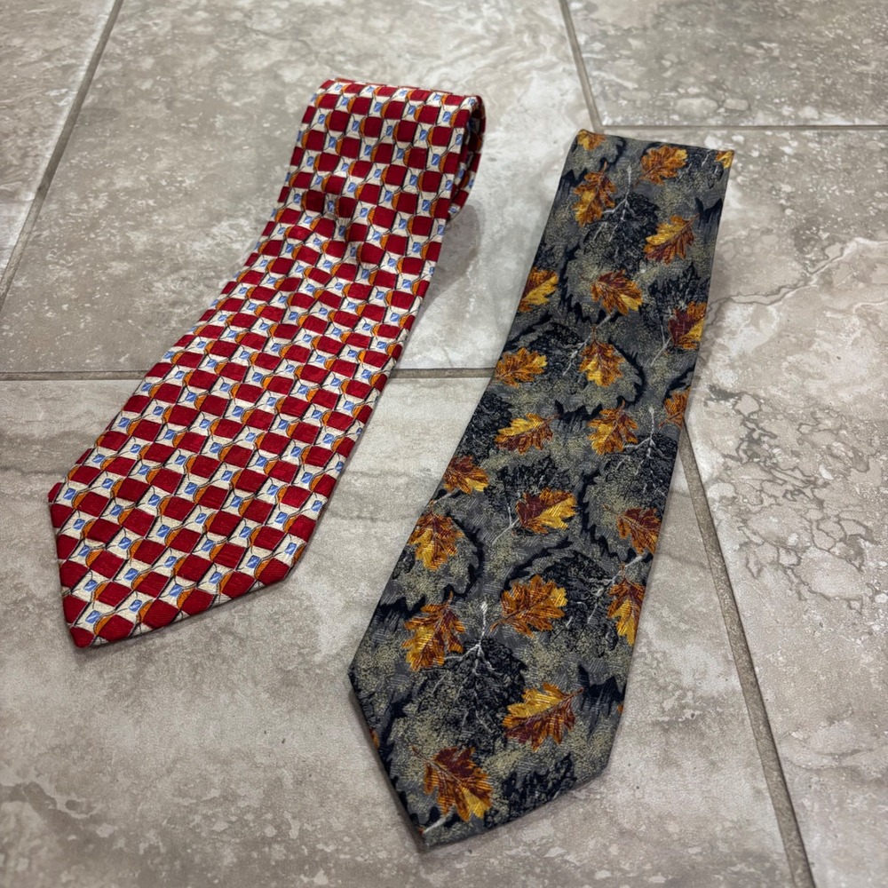 Ermenegildo Zegna‎ Mens Silk Tie Lot 2 Autumn Leaf Geometric Red Grey Italy
